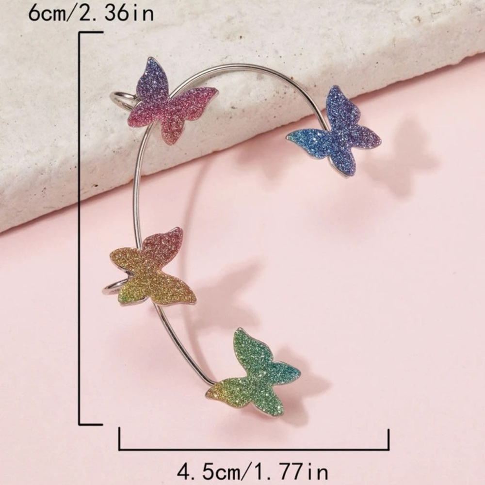 🦋 Awesome Pierce-less Right Ear Colorful Glitter Butterflies Ear Cuff Jacket 🦋 - Picture 3 of 3